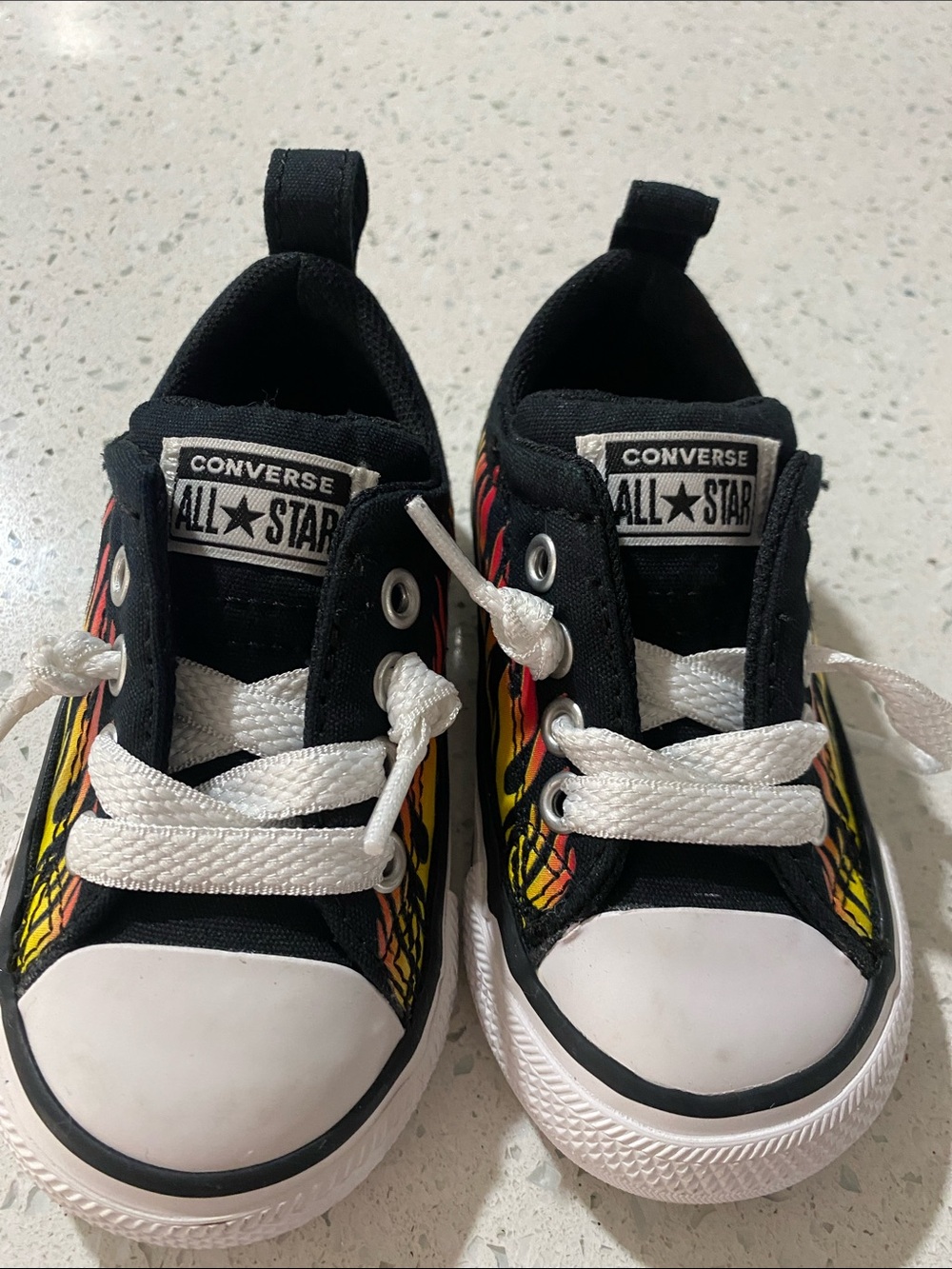 Converse Kids Black Low Top Sneakers with Red and Yellow Flame Design